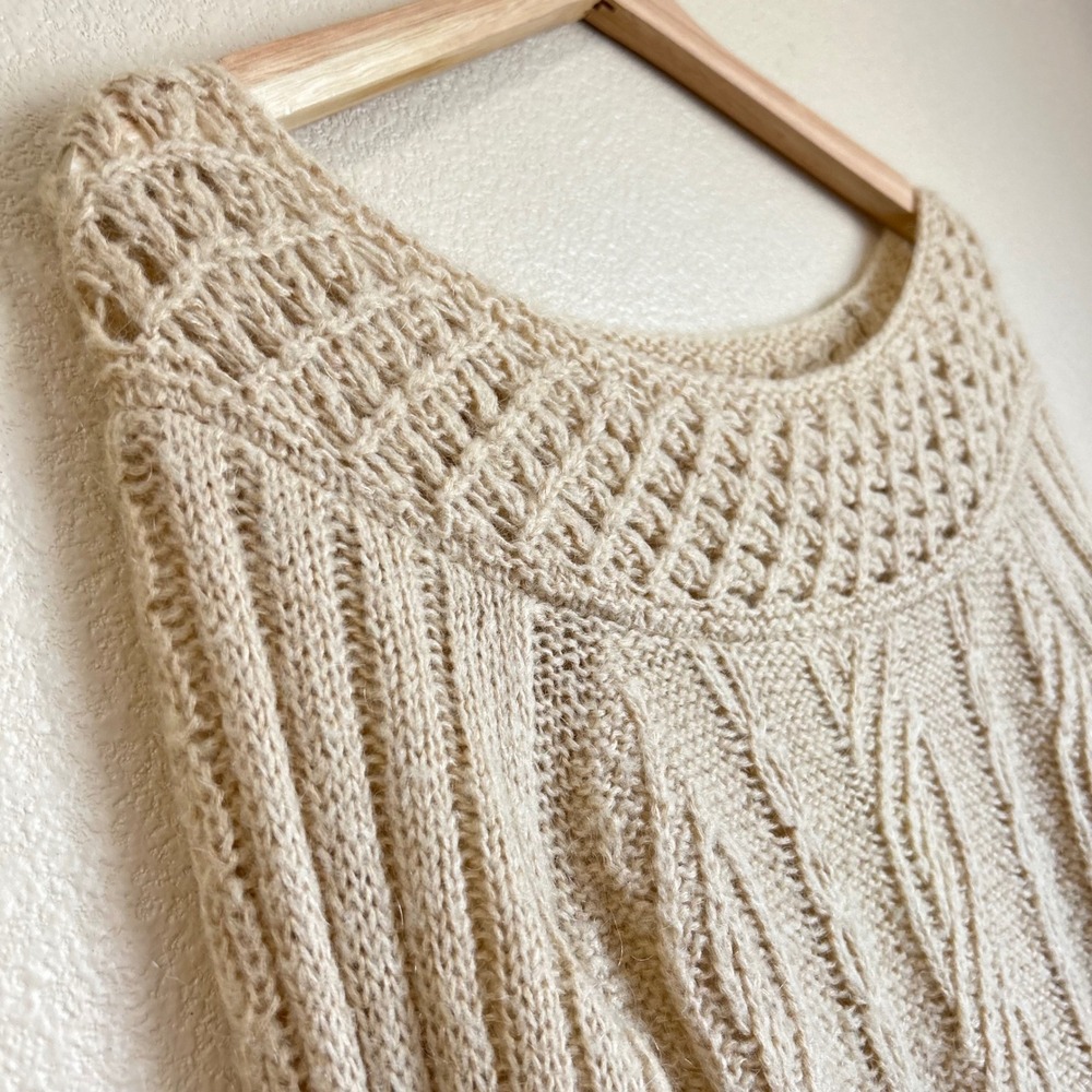Y2K LOFT Mohair Blend Knit Sweater Beige Scoop Off Shoulder Size S Pointelle - Picture 7 of 9